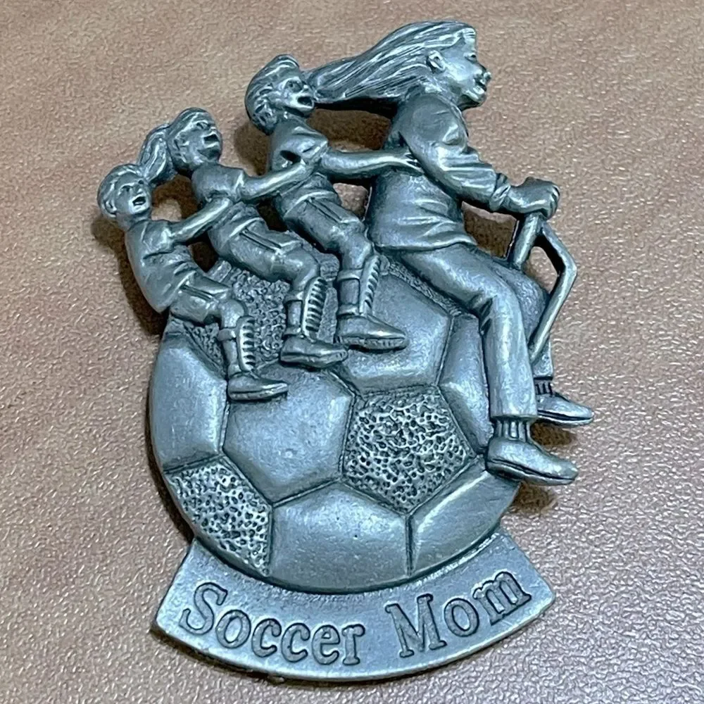 Spoontiques Soccer Mom Driving a Soccer Ball Pewter Brooch Pin Hat Charm Sporty